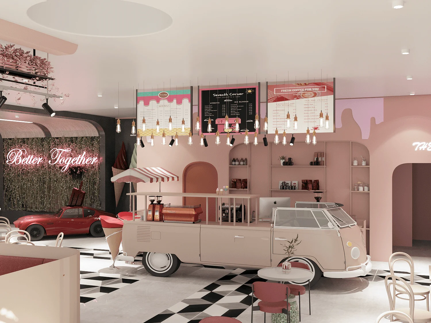 Ice cream and coffee shop with a vintage van serving counter and pink retro décor