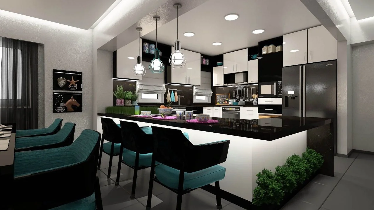 Modern kitchen with dark cabinetry, teal bar stools and pendant lighting