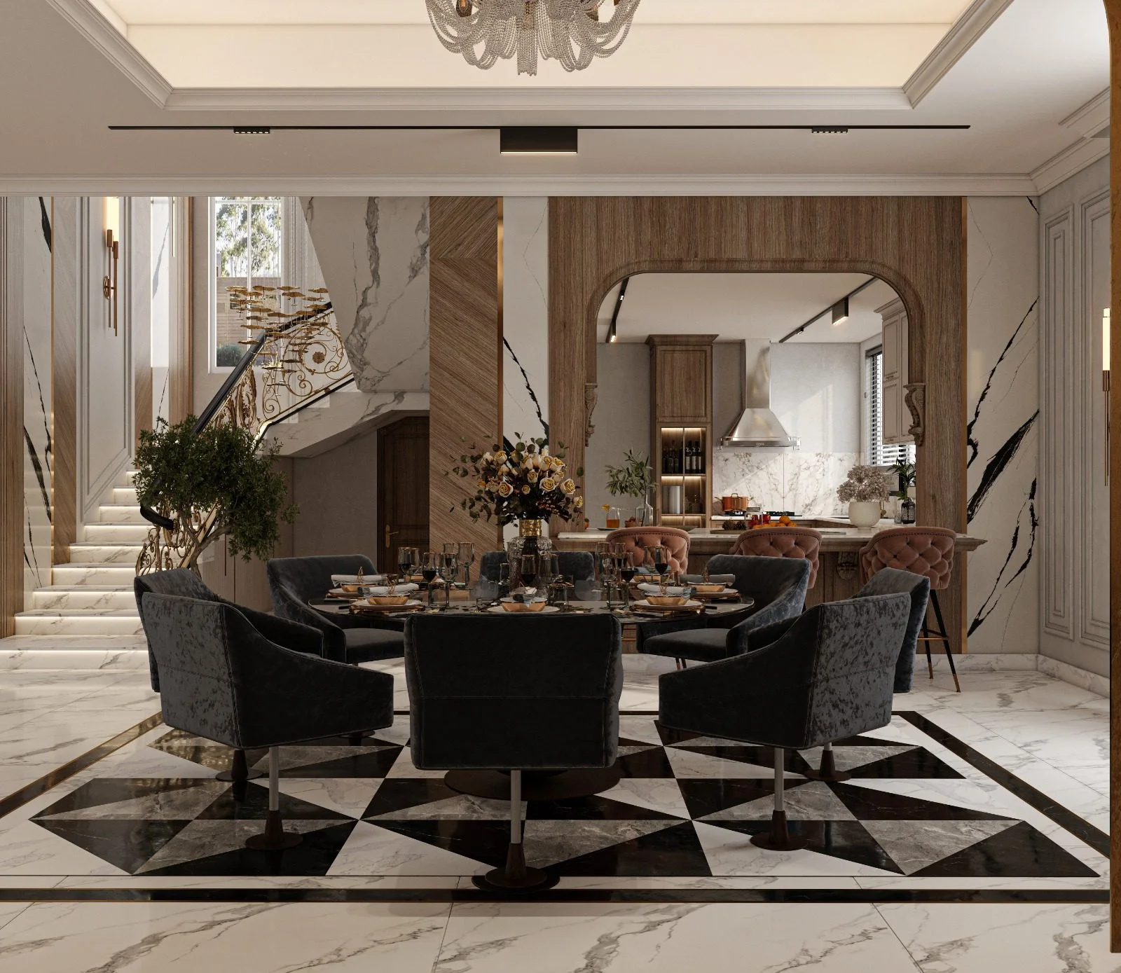 Villa dining hall with black-and-white marble floor, arched opening and staircase