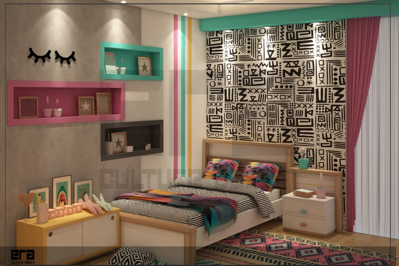 Youth bedroom with graphic black-and-white wallpaper, pink and teal display niches and colourful bedding